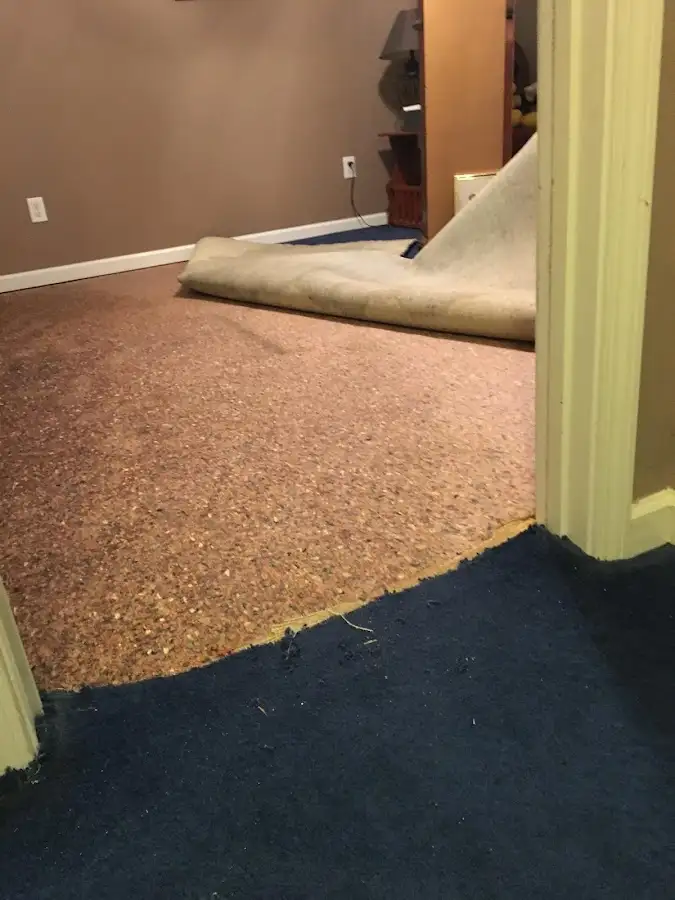 Carpet pad removal revealing water damage during Water Mitigation Services in Mukwonago